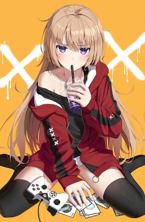 hanime 金发少女红色连帽衫紫色眼睛橙色背景动漫插画